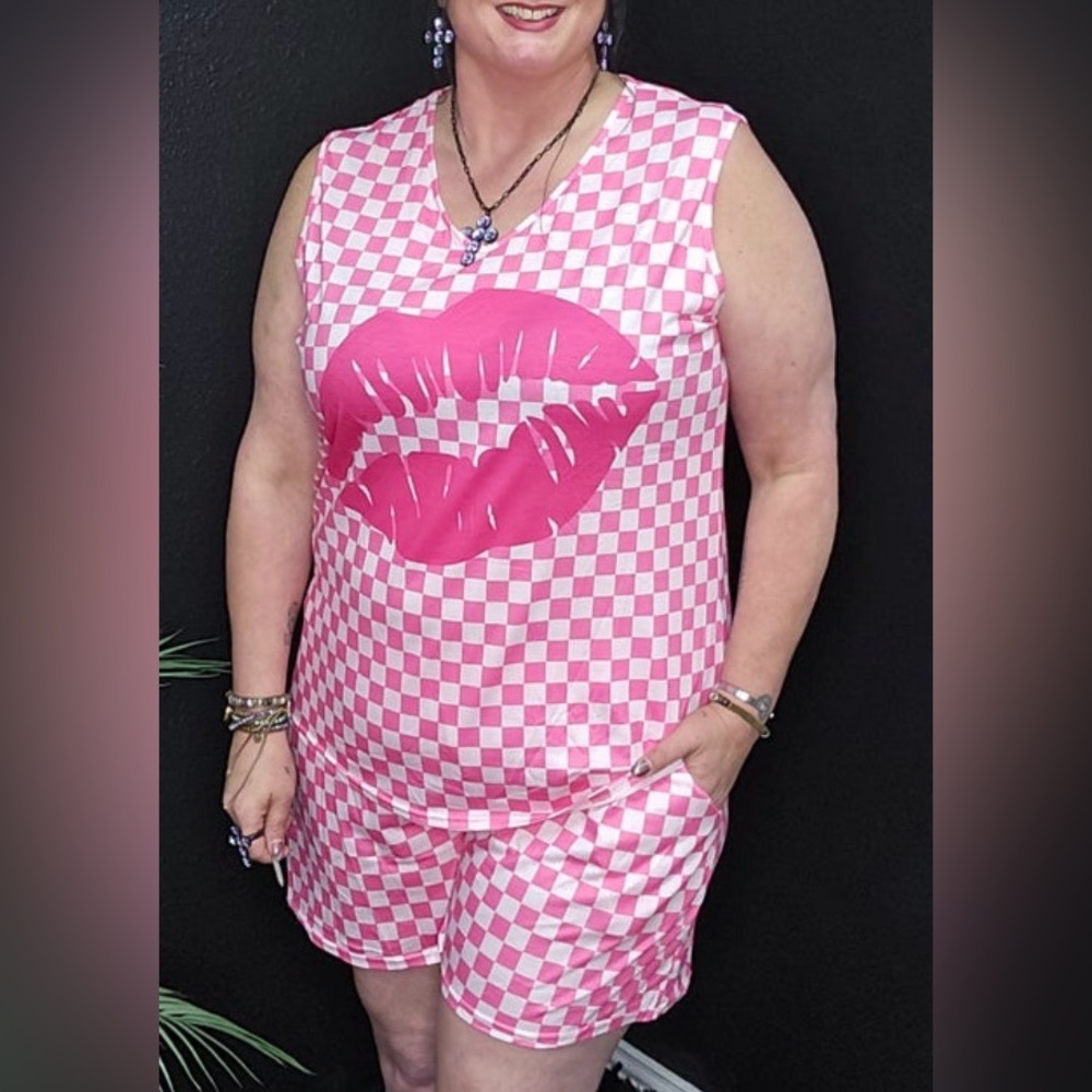 2 Piece Fuschia Lip Pink Checker Tank Lounge Set Shorts New Size 3X